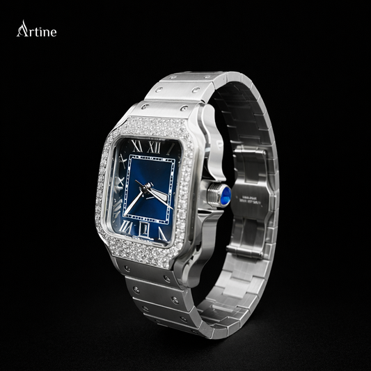Iced Square Bezel Diamond Luxury Watch – Full Silver Finish | Blue Roman Dial Edition