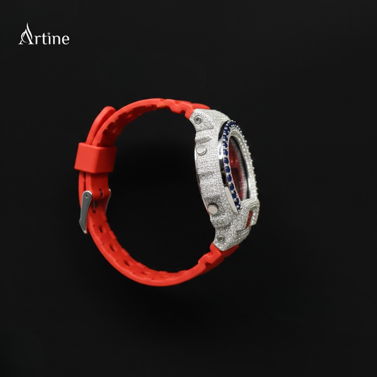 Crimson Sapphire Frost – Iced Blue Bezel Digital Luxury Watch