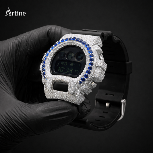 Midnight Ice Royale – Diamond-Style Digital Watch with Sapphire Blue Bezel
