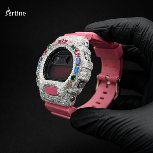 Pink Prism Royale – Iced Multicolor Gem Digital Luxury Watch