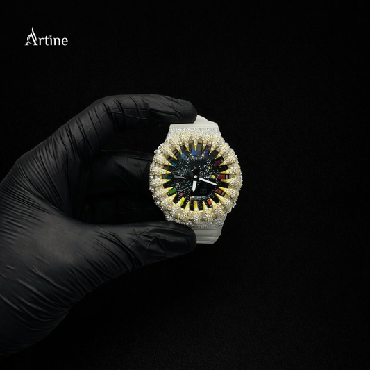 Iced Rainbow Fang Bezel Diamond Luxury Watch – White Strap | Gold Accent Edition