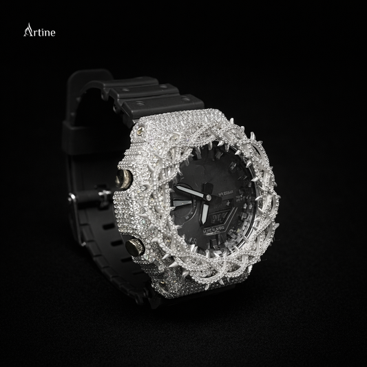 Iced Thorn Halo Diamond Luxury Watch – Full Silver Bezel | Black Dial Edition