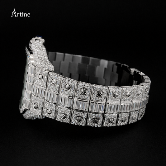 Iced Skeleton Square Diamond Luxury Watch – Full Silver Finish | Open Dial Edition