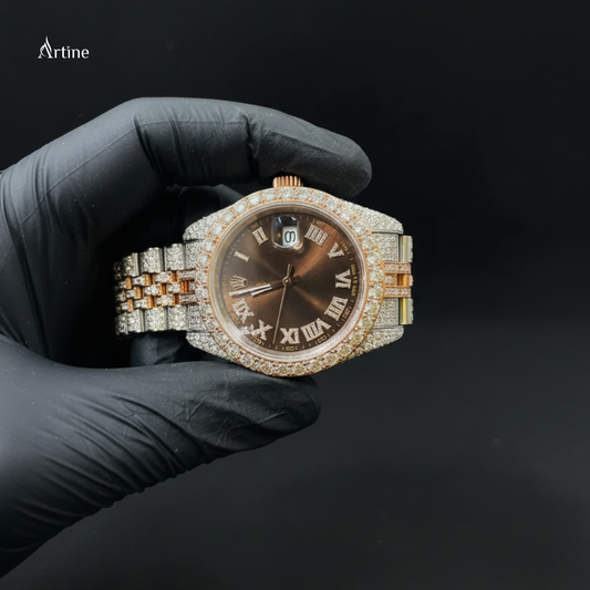 Iced Roman Diamond Luxury Watch – Two-Tone Rose Gold & Silver | Chocolate Dial Edition