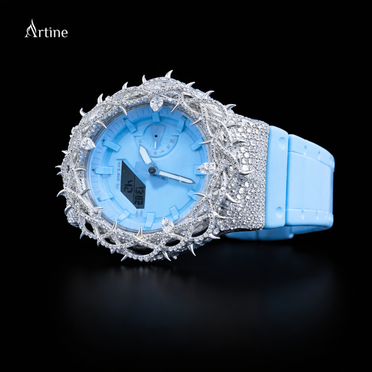 Iced Thorn Bezel Diamond Luxury Watch – Ice Blue Strap | Crystal Silver Edition