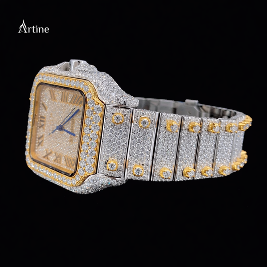 Iced Square Roman Bezel Diamond Luxury Watch – Two-Tone Gold & Silver | Gold Dial Edition
