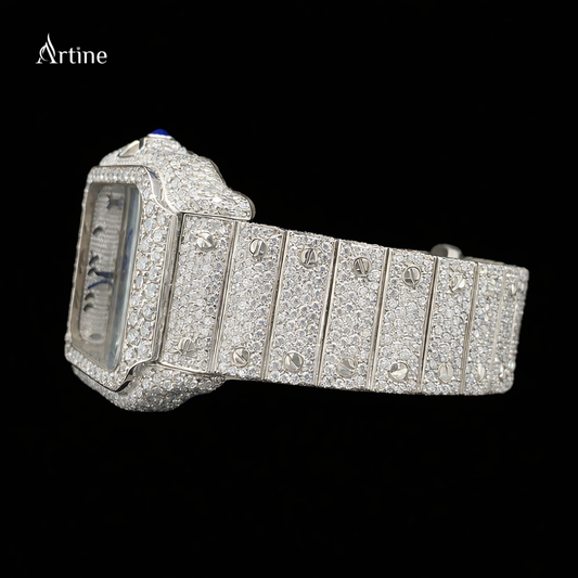Iced Square Bezel Diamond Luxury Watch – Silver Finish | Blue Hands Edition