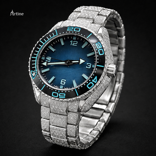 Iced Diver Bezel Diamond Luxury Watch – Full Silver Finish | Ocean Blue Dial Edition