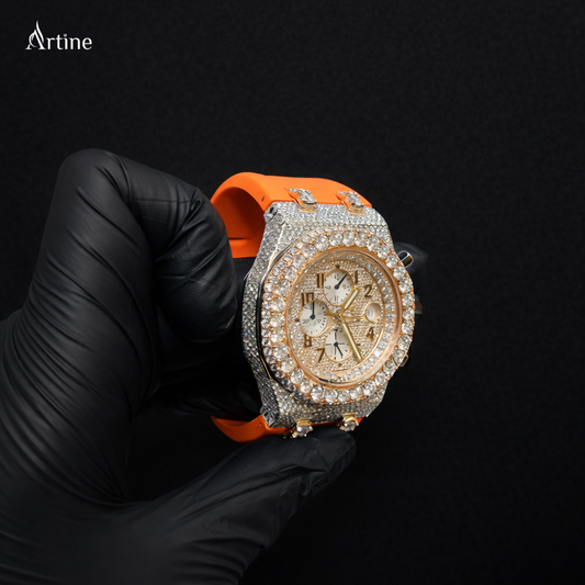 Iced Chronograph Diamond Luxury Watch – Rose Gold Finish | Orange Strap Edition
