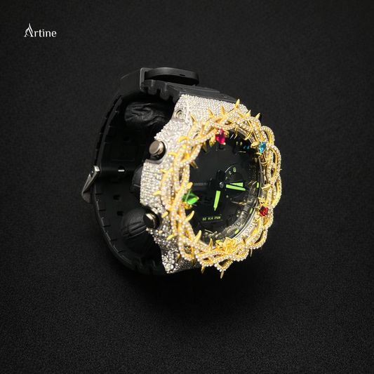 Iced Dragon Thorn Diamond Luxury Watch – Black Case | Gold Crown Edition