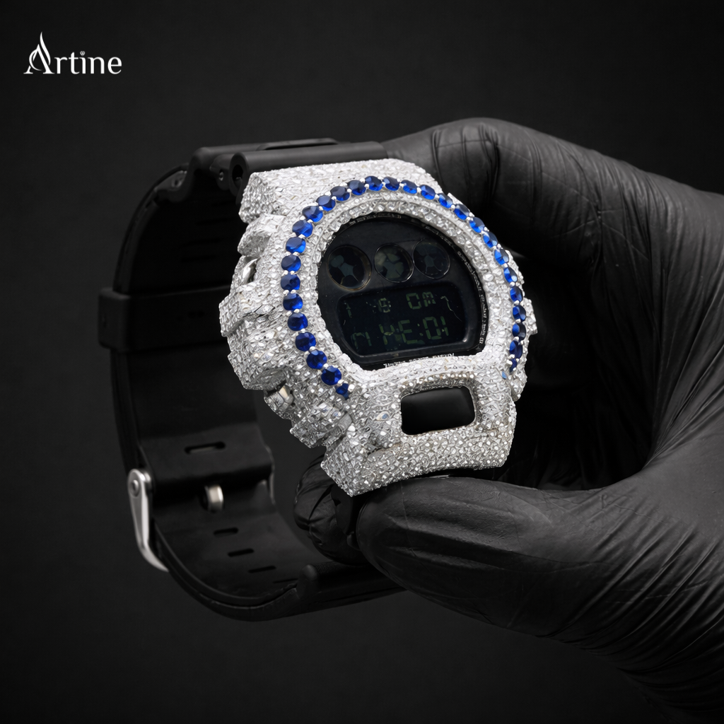 Midnight Ice Royale – Diamond-Style Digital Watch with Sapphire Blue Bezel