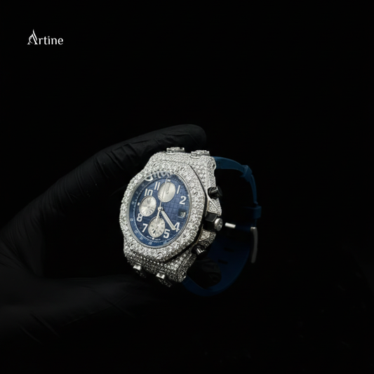 Iced Chronograph Diamond Luxury Watch – Full Silver Finish | Navy Blue Dial Edition