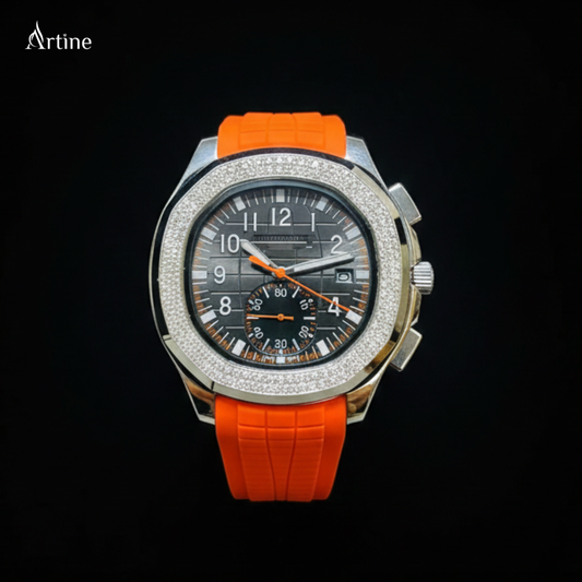 Iced Sport Chronograph Diamond Watch – Silver Case | Orange Rubber Strap Edition