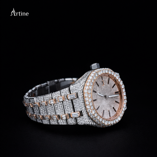 Iced Rose Halo Diamond Luxury Watch – Two-Tone Silver & Rose Gold | Crystal Dial Edition
