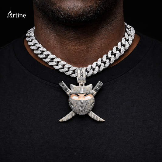 Fully Iced Ninja Mask Pendant with Cross Blades – Mens Hip Hop Pendant