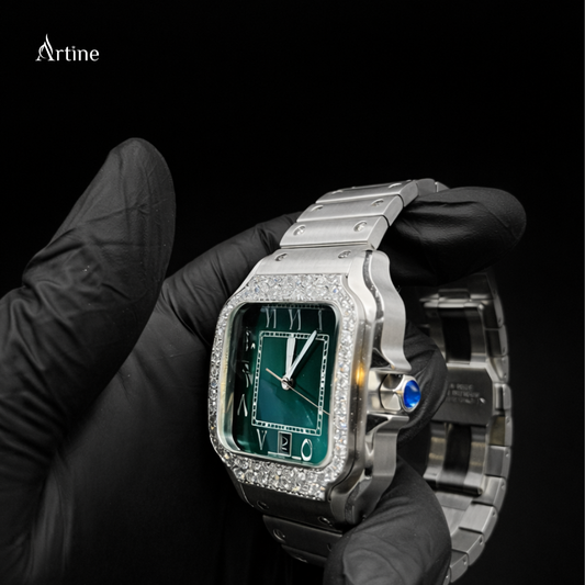Iced Square Bezel Diamond Luxury Watch – Full Silver Finish | Emerald Green Dial Edition