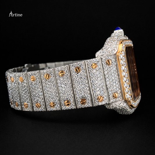 Iced Skeleton Square Diamond Luxury Watch – Two-Tone Gold & Silver | Open Dial Edition