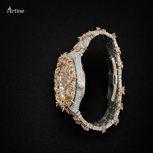 Iced Thorn Bezel Diamond Luxury Watch – Two-Tone Rose Gold & Silver | Crystal Dial Edition