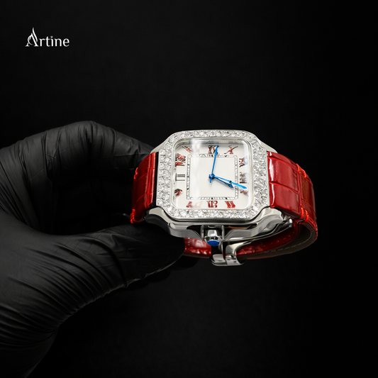 Iced Square Bezel Diamond Luxury Watch – Red Strap | White Dial Edition
