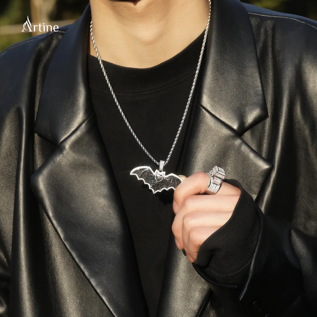 Midnight Bat Iced Pendant – Black & White Moissanite 925 Silver Hip-Hop Statement Charm