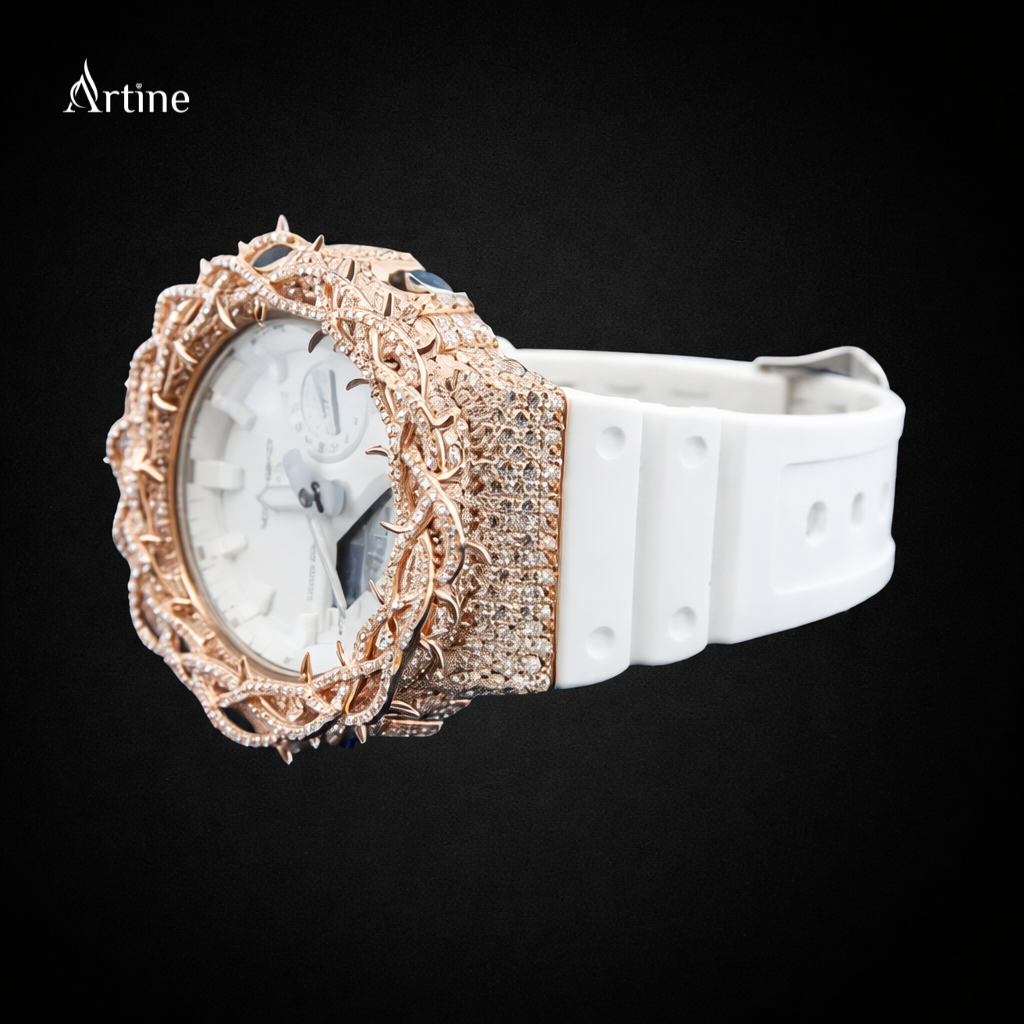 Iced Thorn Bezel Diamond Luxury Watch – White Strap | Rose Gold Finish