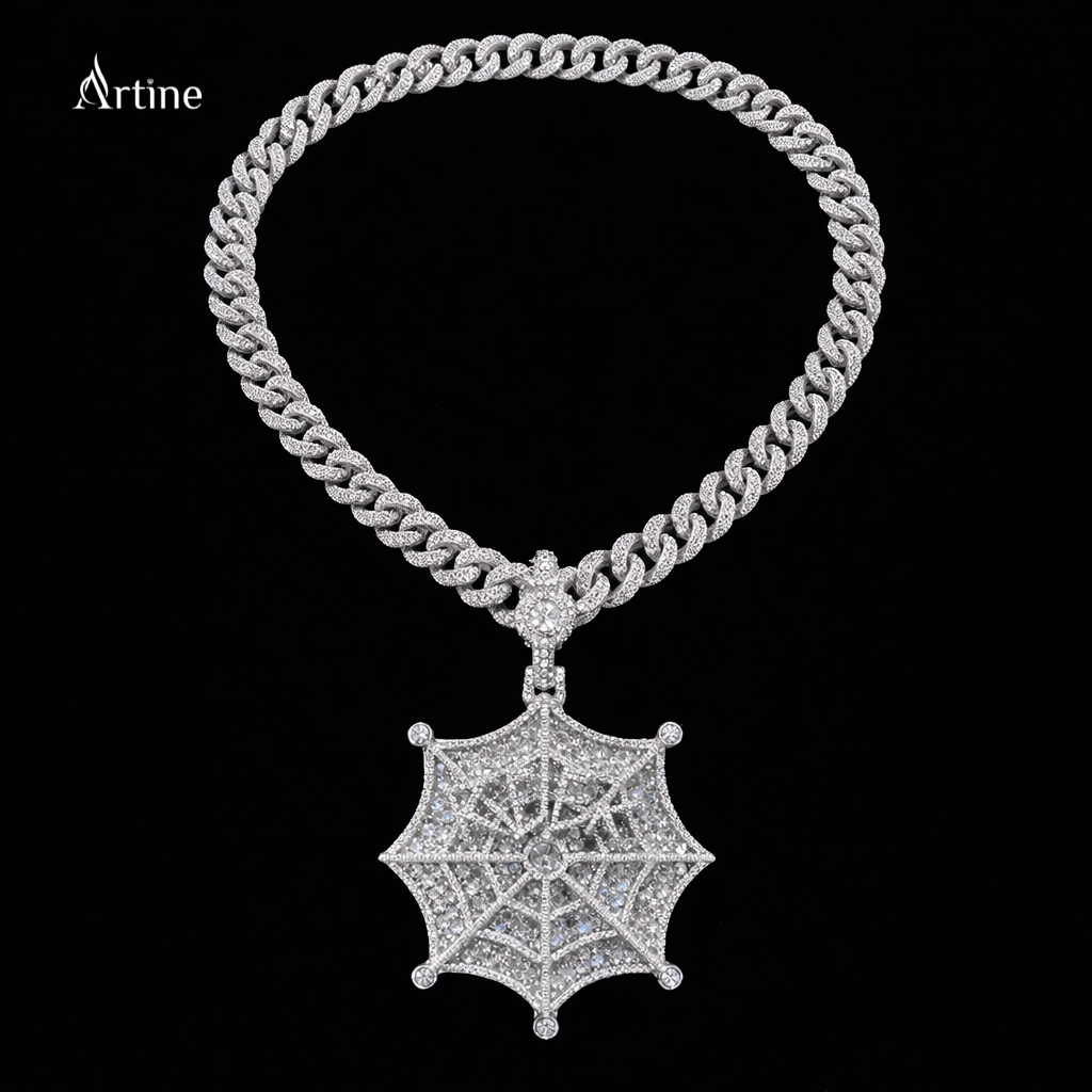 Hex Web Skull Iced Moissanite Pendant – 925 Silver Hip-Hop Luxury Statement Charm