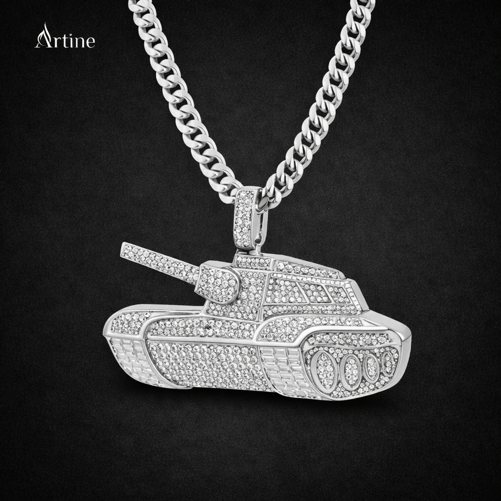 Iced silver Tank Pendant – Fully Bling Military Statement Charm
