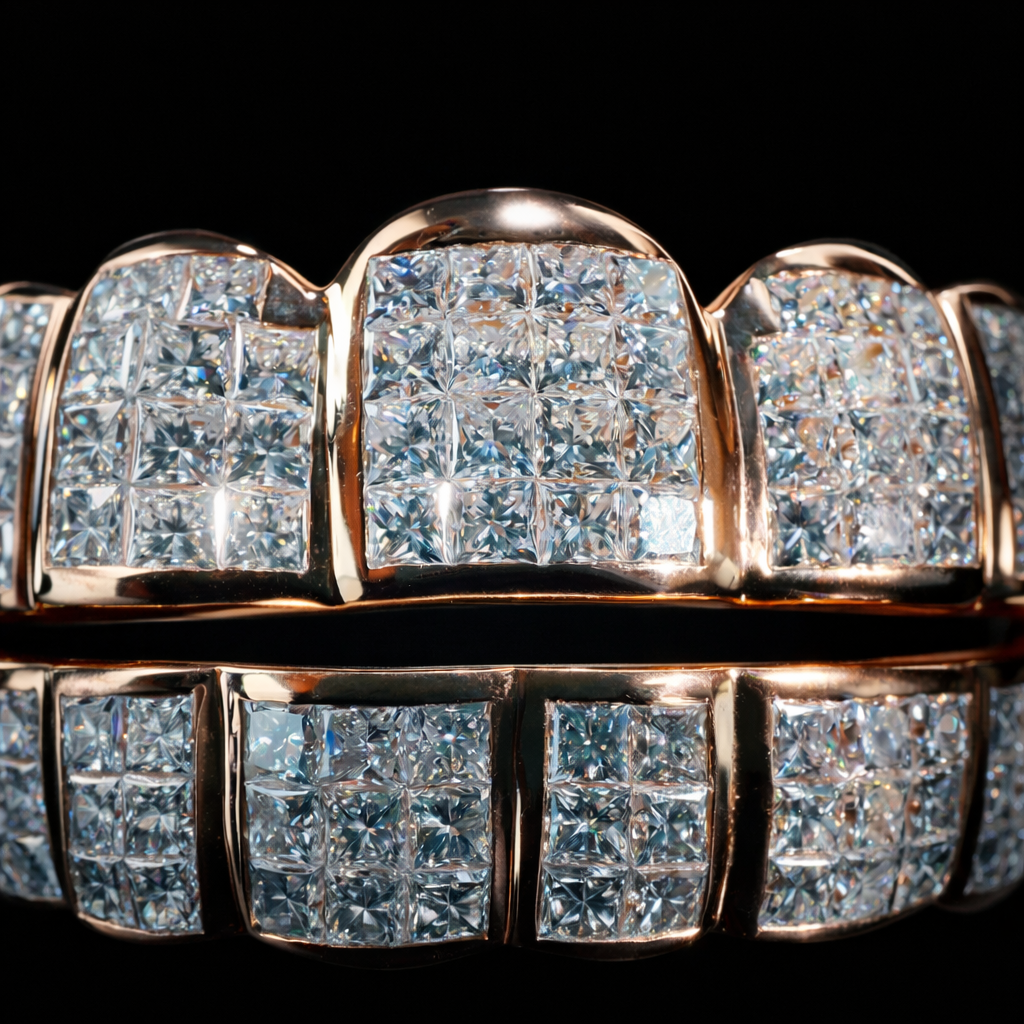 Two-Tone Iced Out Diamond Grillz (Top & Bottom Set)