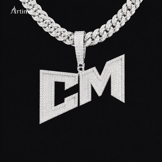Iced “CM” Initial Pendant – 925 Silver Moissanite Custom Hip-Hop Letter Charm