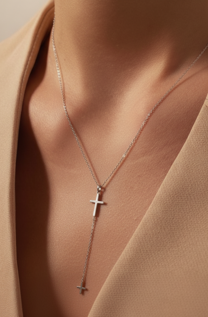 Cross Lariat Silver Necklace
