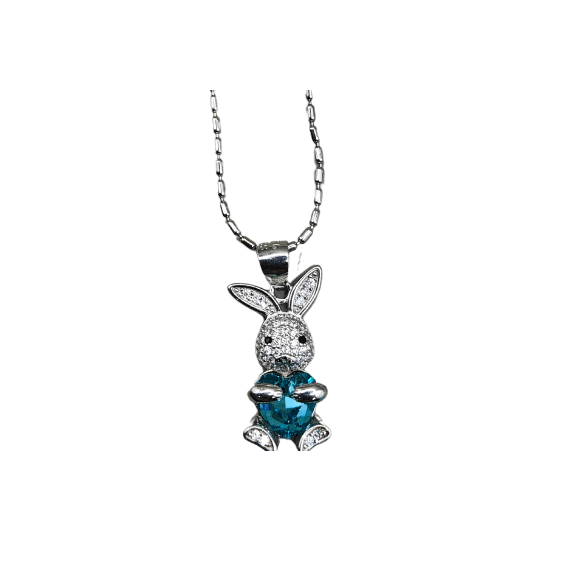 Pendant necklace with a blue gemstone and bunny design on a white background