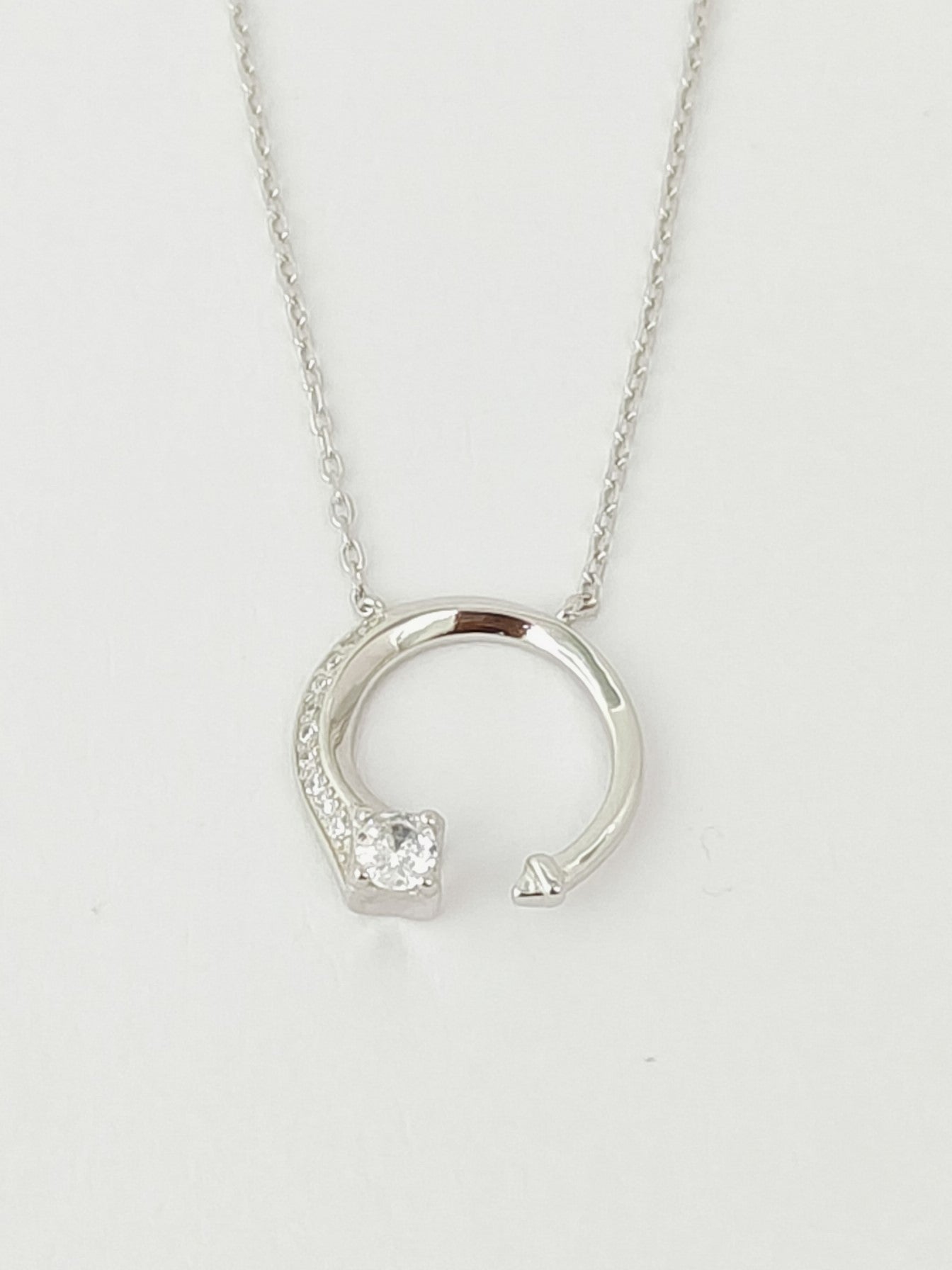 Silver necklace with a circular pendant on a light gray background