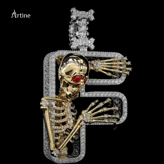 Iced Skull Serpent “F” Pendant – Red Ruby Eyes Hip Hop Diamond Letter Charm