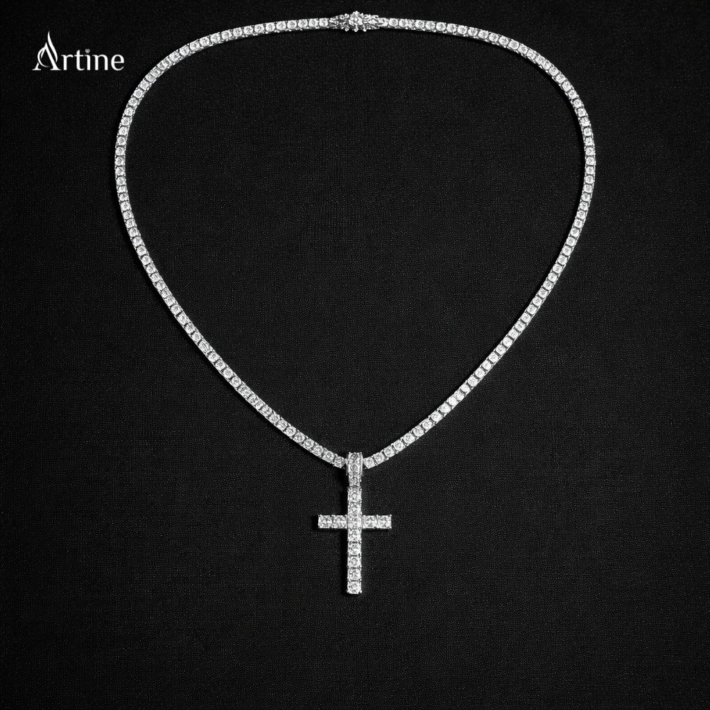 Iced Diamond Cross Tennis Chain Necklace