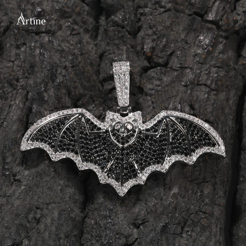 Midnight Bat Iced Pendant – Black & White Moissanite 925 Silver Hip-Hop Statement Charm