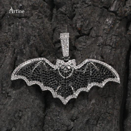 Midnight Bat Iced Pendant – Black & White Moissanite 925 Silver Hip-Hop Statement Charm