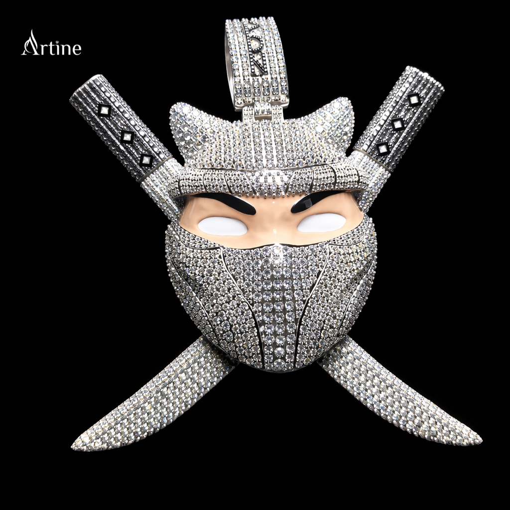 Fully Iced Ninja Mask Pendant with Cross Blades – Mens Hip Hop Pendant