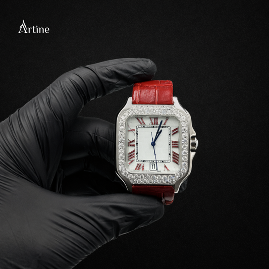 Iced Square Bezel Diamond Luxury Watch – Red Strap | White Dial Edition