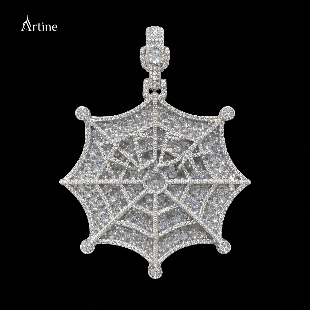 Hex Web Skull Iced Moissanite Pendant – 925 Silver Hip-Hop Luxury Statement Charm