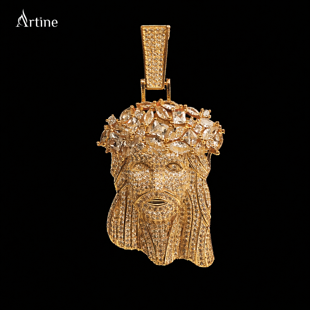Iced Crowned King Face Pendant – Gold Finish Luxury Hip-Hop Charm