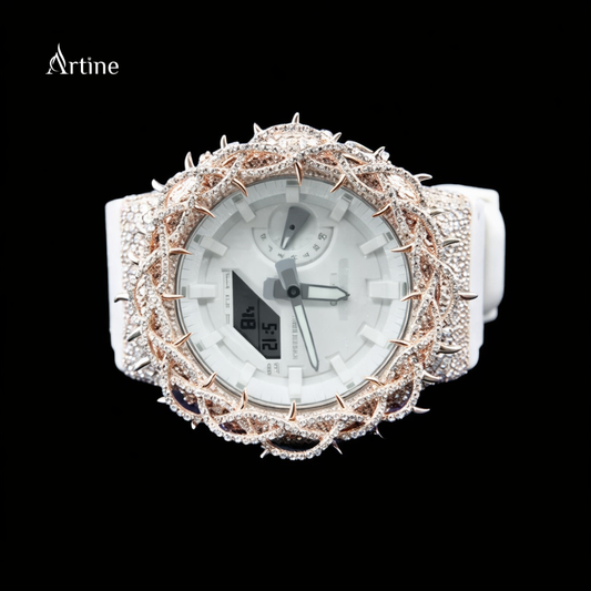 Iced Thorn Bezel Diamond Luxury Watch – White Strap | Rose Gold Finish