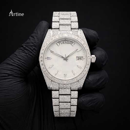 Iced Classic Day-Date Diamond Luxury Watch – Full Silver Finish | White Dial Edition