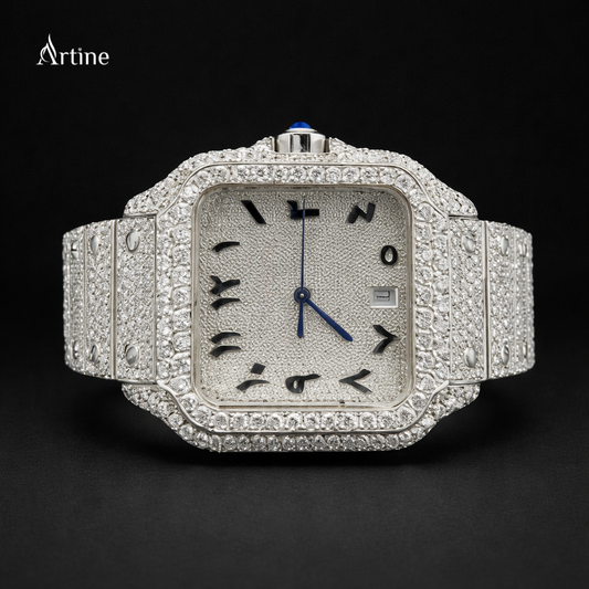 Iced Square Bezel Diamond Luxury Watch – Silver Finish | Blue Hands Edition
