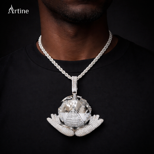 Iced World in Hands Pyramid Pendant