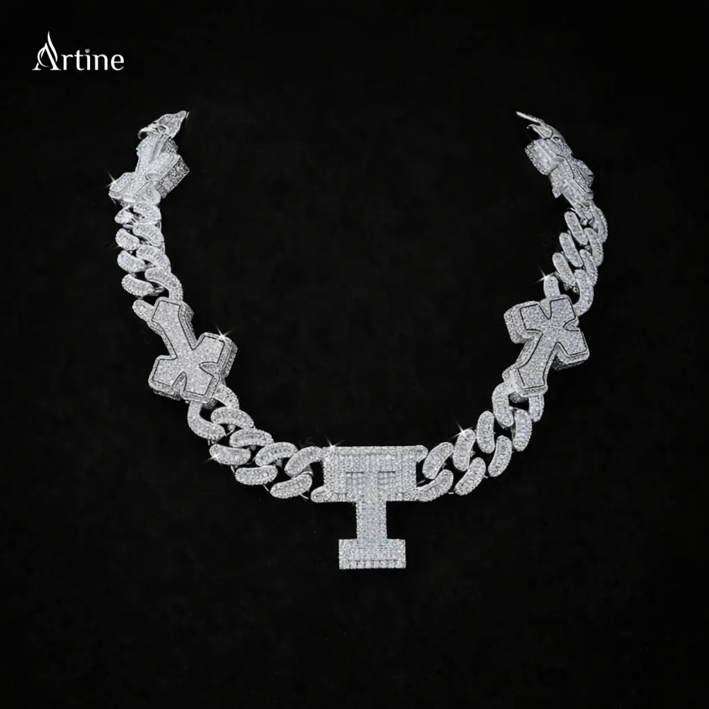 Iced-Out T Letter Cuban Link Chain Necklace  925 Silver Hip-Hop Jewelry