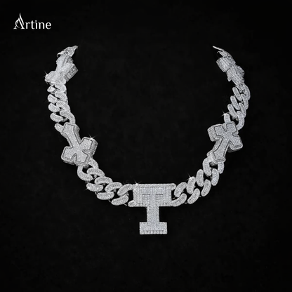 Iced-Out T Letter Cuban Link Chain Necklace  925 Silver Hip-Hop Jewelry