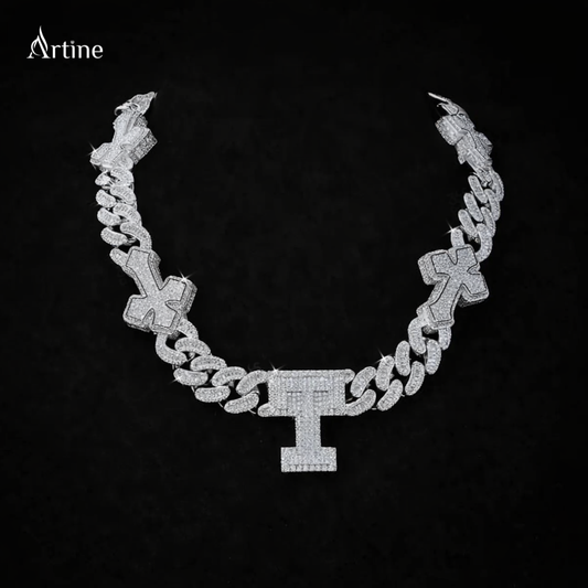 Iced-Out T Letter Cuban Link Chain Necklace  925 Silver Hip-Hop Jewelry