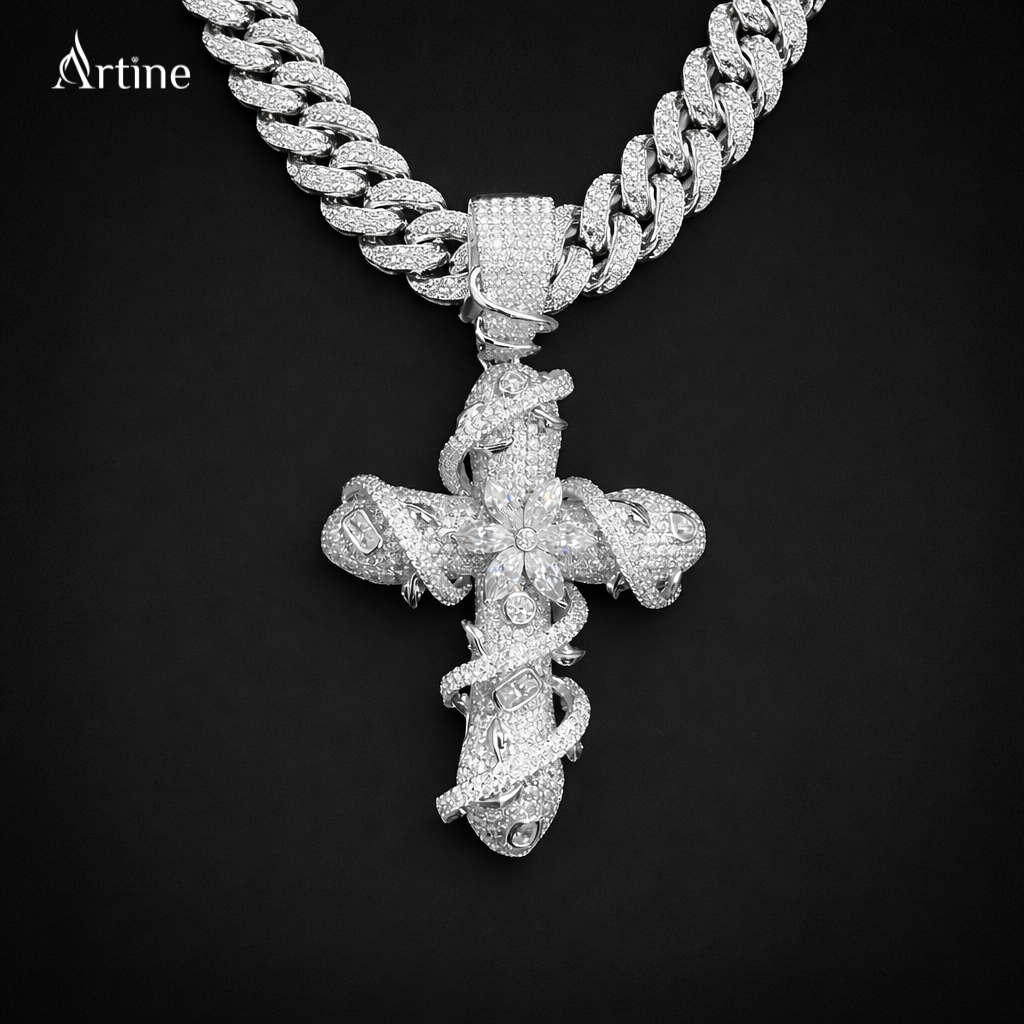 Iced Thorned Floral Cross Pendan