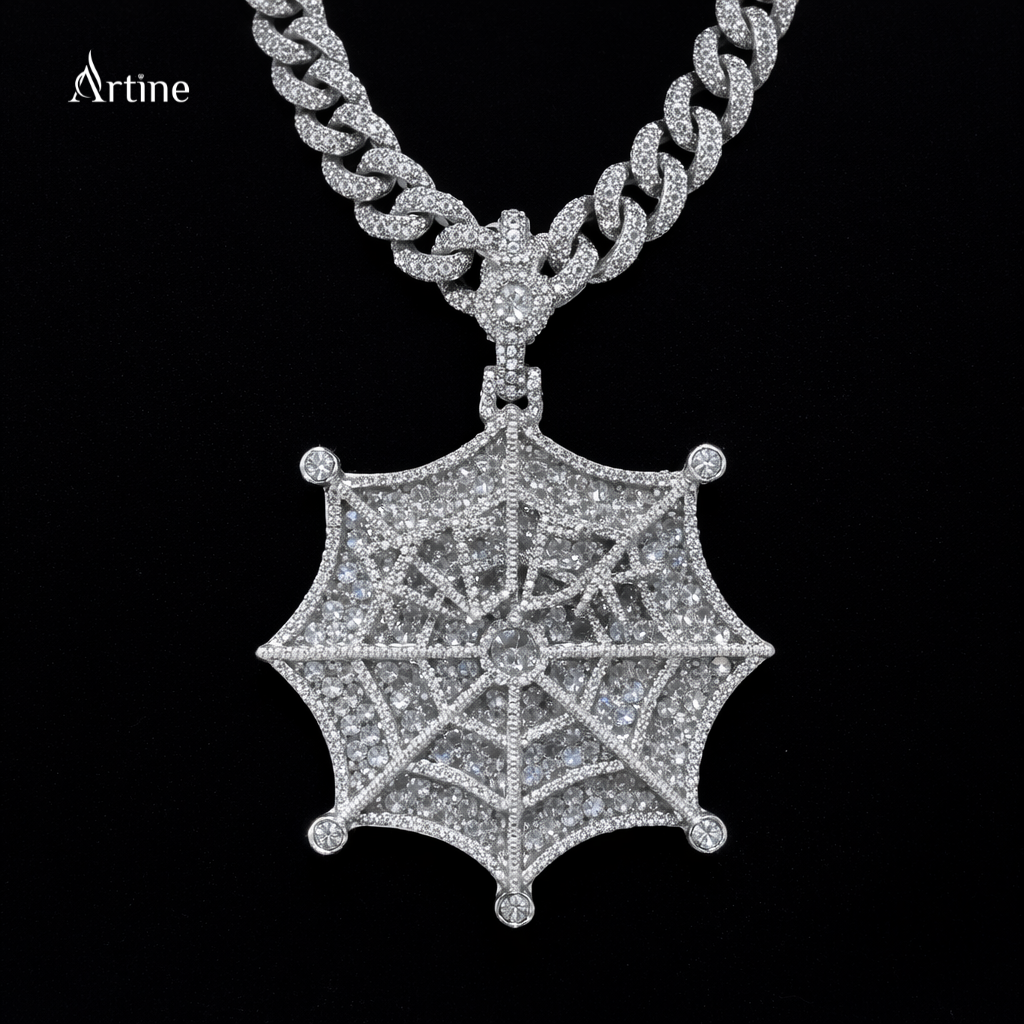Hex Web Skull Iced Moissanite Pendant – 925 Silver Hip-Hop Luxury Statement Charm