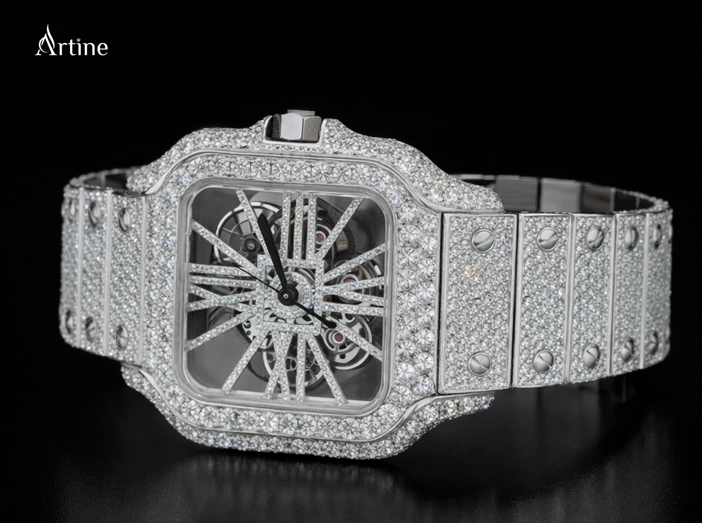 Diamond-Studded Skeleton Luxury Timepiece on Black